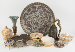 Porcelain bowls, cups, vases, Chinese metal gong, silver finished dish, etc, 19th and 20th century, (12 items), the largest 27cm high