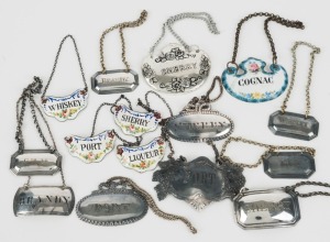 Decanter labels: collection of 15 including sterling silver, silver plate and enameled examples, 19th and 20th century,  the largest 6cm wide