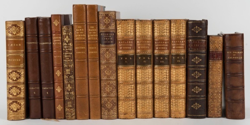 A collection of beautiful leather-bound books with a European theme - ancient to modern - with some in translation and some in their original languages, 1728 - 1905. Noted works by Hallam, Chompre, Calderon, Froude, Corneille, Hyde, James, Vacaresco and C