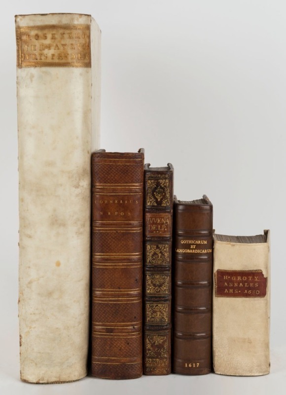 A group of very early printed books: "Gothicarum et Langobardicarum" by Vulcanius [Leiden, 1617] octavo, half leather; "Annales et Historiae de Rebus Belgicis" by Grotius [Amsterdam, 1658], 16mo, vellum; "Satyrae: by Juvenal [London, 1699] octavo, full le