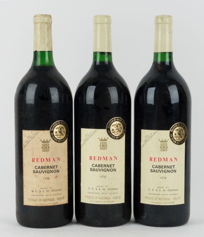 1976 Redman Cabernet Sauvignon, Coonawarra, South Australia, 1500mL. (3 magnums)