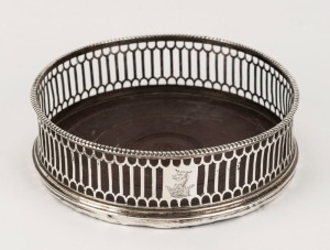 A Georgian sterling silver wine coaster with engraved unicorn crest, 18th/19th century, 3.5cm high, 12cm diameter