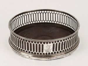 A Georgian sterling silver wine coaster with engraved unicorn crest, 18th/19th century, ​​​​​​​3.5cm high, 12cm diameter