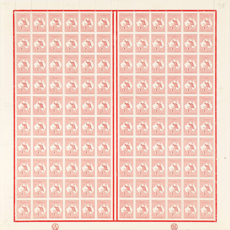 1d Red (Die 1, Plate 2C) complete sheet of 120 with CA and JBC Monograms in the lower margins and also showing the relevant varieties: L4 "Break at top of kangaroo's paw", L26 "Notch in left frame SW of Western Australia", L37 "White scratch from L of AUS