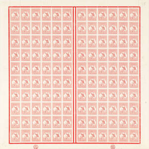 1d Red (Die 1, Plate 2C) complete sheet of 120 with CA and JBC Monograms in the lower margins and also showing the relevant varieties: L4 "Break at top of kangaroo's paw", L26 "Notch in left frame SW of Western Australia", L37 "White scratch from L of AUS