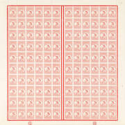 1d Red (Die 1, Plate 2C) complete sheet of 120 with CA and JBC Monograms in the lower margins and also showing the relevant varieties: L4 "Break at top of kangaroo's paw", L26 "Notch in left frame SW of Western Australia", L37 "White scratch from L of AUS