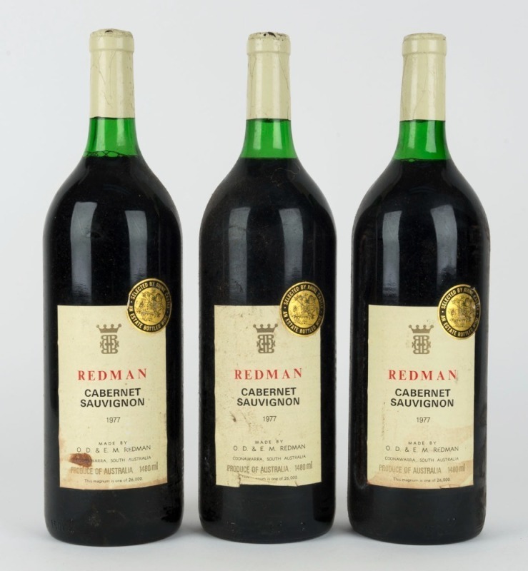 1977 Redman Cabernet Sauvignon, Coonawarra, South Australia, 1500mL. (3 magnums)