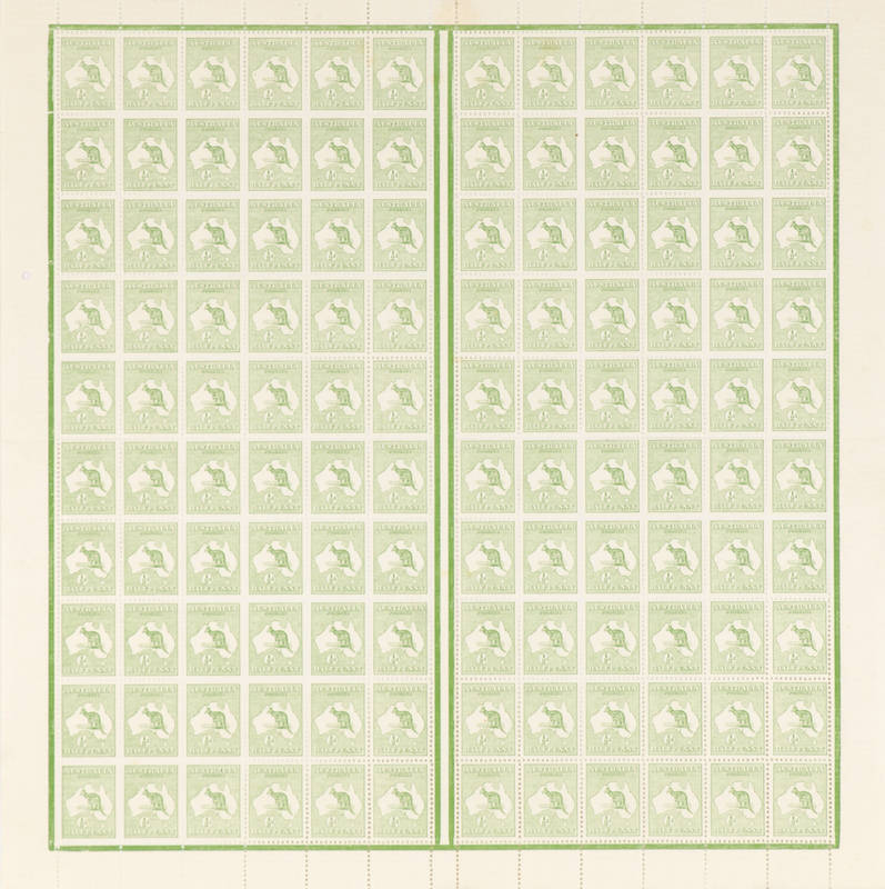 ½d Green, complete sheet of 120 from Plate 1, illustrating the No Monogram margined left and right panes and varieties at L58 "Retouch to shading over first N of PENNY", R13 "White flaw on left base of 2nd N of HALFPENNY", R40 "Large coloured flaw off the