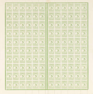 ½d Green, complete sheet of 120 from Plate 1, illustrating the No Monogram margined left and right panes and varieties at L58 "Retouch to shading over first N of PENNY", R13 "White flaw on left base of 2nd N of HALFPENNY", R40 "Large coloured flaw off the