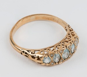 An antique 9ct yellow gold ring, set with five graduated aquamarines surrounded by white diamonds, 19th/20th century, stamped "375", 2.9 grams