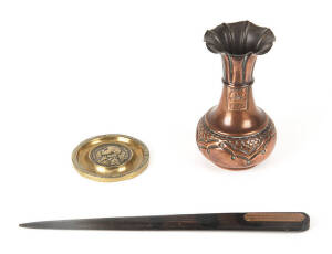 NELSON: Letter opener "From the Bowsprit of H.M.S.Victory, Nelson's Flagship Trafalgar 1805 (Purchased 2nd June 1937)"; brass lid with Nelson portrait; copper vase with plaque "Foudroyant. Nelson's Flagship". 24cm, 7cm & 12cm