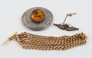An antique Scottish silver and citrine brooch, a gold plated fob chain, and a silver gilt bar brooch, (3 items), ​​​​​​​the Scottish brooch 6cm diameter