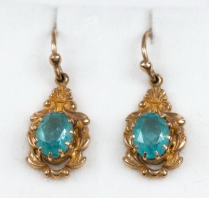 A pair of antique 9ct gold earrings, set with blue topaz, late 19th century, ​​​​​​​2.5cm high overall