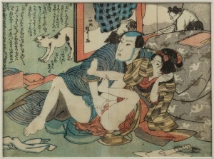 A Japanese erotic woodblock print, Meiji period, ​​​​​​​16 x 22cm, 43 x 48cm overall