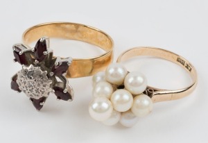 Two yellow gold cocktail rings, set with diamonds, red stones and pearls, one stamped 14k, 12.6 grams total