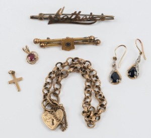 Two antique 9ct gold brooches, 9ct gold bracelet, two gold pendants, and a pair of 9ct gold, sapphire and diamond earrings, 19th and 20th century, (6 items), ​​​​​​​20.3 grams total