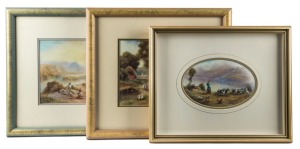 MILWYN HOLLOWAY three hand-painted porcelain plaques with country scenes in frames, 20th century, the largest 40 x 44cm overall