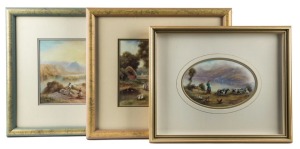 MILWYN HOLLOWAY three hand-painted porcelain plaques with country scenes in frames, 20th century, the largest 40 x 44cm overall