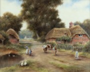 MILWYN HOLLOWAY&nbsp;three hand-painted porcelain plaques with country scenes in frames, 20th century, the largest 40 x 44cm overall - 3