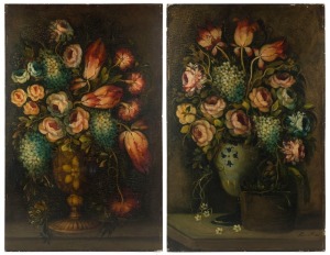 PER MOAR (Dutch school, 19th century), two floral still life paintings, oil on canvas laid down on masonite board, signed lower left "Per Moar", ​​​​​​​104 x 68cm each