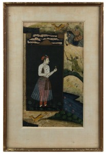 An antique Indian painting portrait of a Raj adorned with pearls and gemstones, 18th/19th century, ​​​​​​​29 x 17cm, 42 x 28cm overall