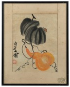 QI BAISHI (1864-1957), Chinese watercolour of a gourd, signed in the left margin with additional red seal, ​​​​​​​remains of exhibition label verso, 24 x 19cm, 36 x 26cm overall