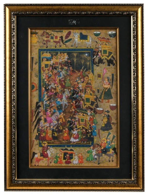 An antique Indian painting of a court scene, 19th century, 31 x 20cm, 43 x 31cm overall