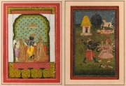 Two antique Indian watercolour paintings depicting deities, 19th century, ​​​​​​​the larger 18 x 14cm