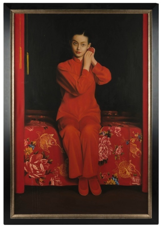 ARTIST UNKNOWN (Chinese school), (portrait of a lady in red), oil on canvas, 78cm x 117cm,  ​​​​​​​92cm x 130cm overall