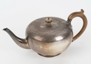 An English sterling silver teapot by Goldsmiths & Silversmiths Co. London, 20th century, 13cm high, 27cm wide, 805grams total 