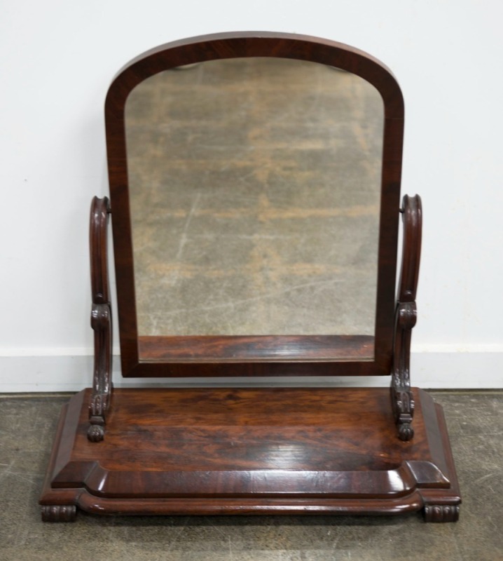 An antique English flame mahogany toilet mirror, circa 1875,  78cm high x 71cm wide x 30cm deep