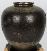 A Japanese bronze vase with wave and fish decoration with gilded highlights and stand, Meiji period, seal mark to base, 38cm high overall - 2