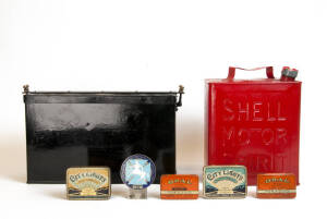 Group including Shell motor spirit tin, vintage car badge, tobacco tins, vintage phone, etc. 26+ items.