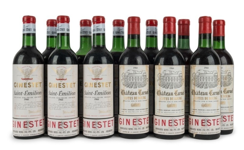 1966 Ginestet Cabernet Sauvignon, Saint-Emilion, Bordeaux, France, (7 bottles); also, 1966 Chateau Caruel, Cotes de Bourg (5 bottles). Total: 12 bottles.