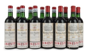 1966 Ginestet Cabernet Sauvignon, Saint-Emilion, Bordeaux, France, (7 bottles); also, 1966 Chateau Caruel, Cotes de Bourg (5 bottles). Total: 12 bottles.
