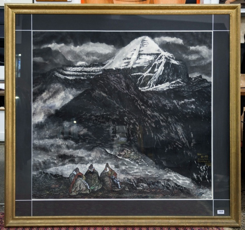 ARTIST UNKNOWN, The Holy Mount Gang Rinboche, 1992, gouache & watercolours, titled, dated, and signed (in Chinese) at lower right, 98 x 105cm, 130 x 135cm overall.