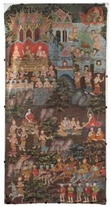 An antique Thai temple scroll painting (phrabot), late 19th century, watercolour & pigments highlighted with gold leaf on cotton cloth, Rattanakosin School (1787-1910), 185 x 92 cm