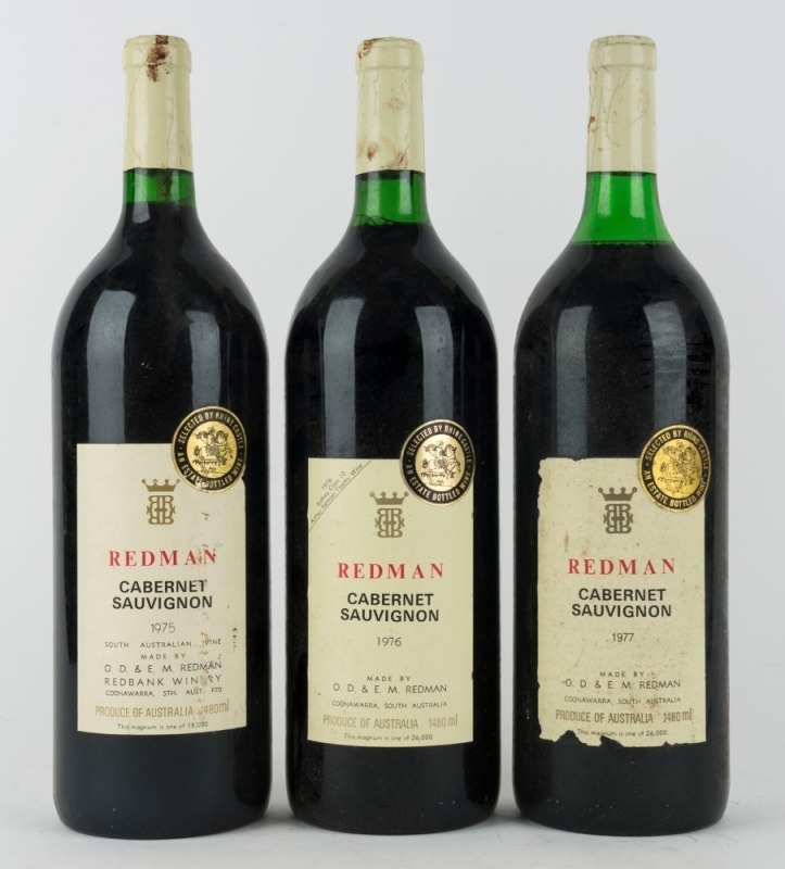 1975, 1976 and 1977 Redman Cabernet Sauvignon, Coonawarra, South Australia, 1500mL. (3 magnums).