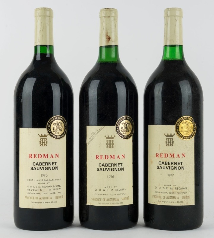 1975, 1976 and 1977 Redman Cabernet Sauvignon, Coonawarra, South Australia, 1500mL. (3 magnums).