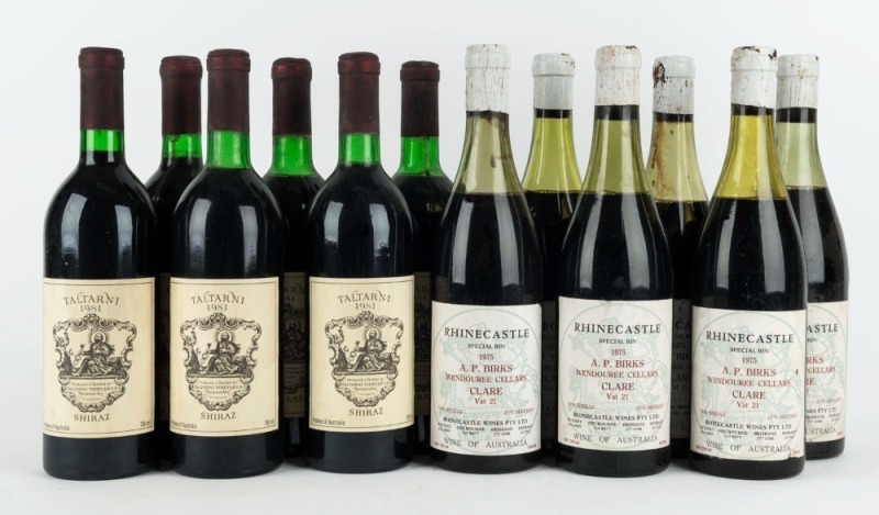 1975 Rhinecastle Special Bin A.P.Birks Wendouree Cellars, Clare - Vat 21 (6 bottles), and 1981 Taltarni Shiraz, Moonambel (6 bottles). Total: 12 bottles.