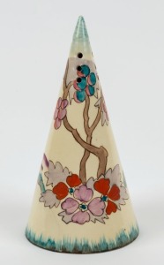 CLARICE CLIFF English Art Deco porcelain salt pot, circa 1930, black factory mark "Clarice Cliff, Wilkinson Ltd. England", 14cm high