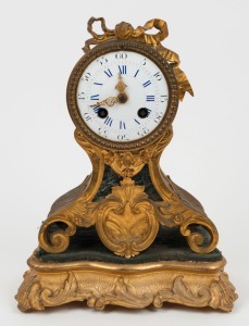 An antique French gilt bronze table clock with eight day time and strike movement and original carved gilt wood base, 19th century, 28cm high overall