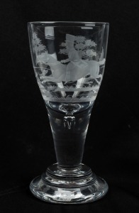 ALBERT GLASSWORKS, STOURBRIDGE Georgian style glass etched with hunting scene and bubble to stem, by L. S. HINGLEY, circa 1927, 19cm high