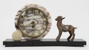 An Art Deco vintage mantle clock in slate and marble case with cast spelter goat figure, circa 1930, 23cm high, 43cm wide