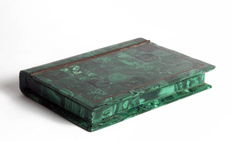 A malachite cased mineral specimen collection in the form of a book, 4cm high, 27cm long, 20cm wide