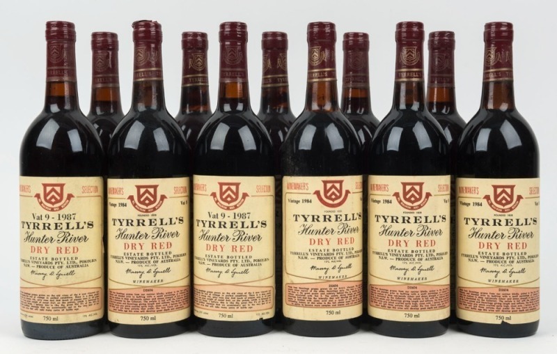 1984 Tyrrell's Dry Red - Vat 8 (6 bottles) and 1987 Dry Red - Vat 9 (5 bottles), Hunter River, New South Wales. Total: 11 bottles.