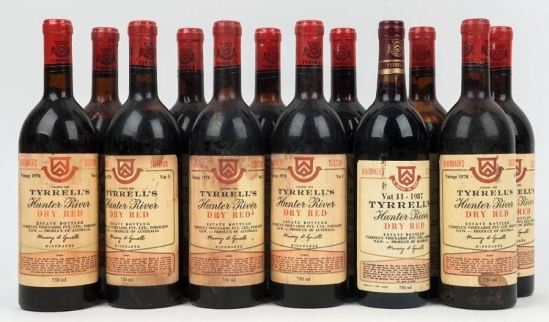 1978 Tyrrell's Dry Red - Vat 5 (11 bottles) and 1987 - Vat 11 (1 bottle), Hunter River, New South Wales. Total: 12 bottles.