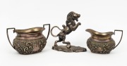 Antique English silver plated milk jug and sugar bowl, together with a silver plated rampant lion A/F, (3 items), ​​​​​​​the lion 12cm high