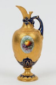 ROYAL WORCESTER antique English miniature blue porcelain ewer with two hand-painted cartouches, 19th century, green factory mark to base, 12cm high