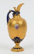 ROYAL WORCESTER antique English miniature blue porcelain ewer with two hand-painted cartouches, 19th century, green factory mark to base, 12cm high - 2